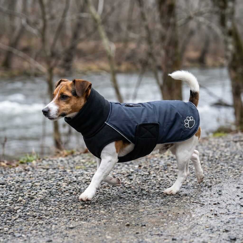 Dog wearing Paw Windproof Back Zipper Dog Coat walking by a river, showcasing its stylish, windproof features from Dogs & Cats.