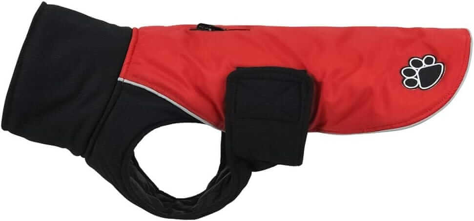 Paw Windproof Back Zipper Dog Coat in red and black, featuring fleece lining, windproof design, and step-in ease.
