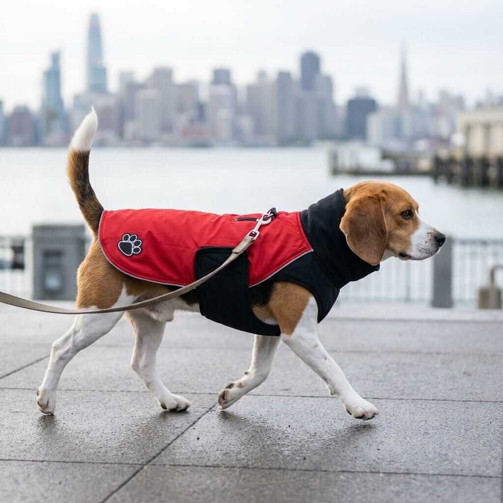 Paw Windproof Back Zipper Dog Coat on a Beagle, featuring a stylish design and windproof material for comfort.