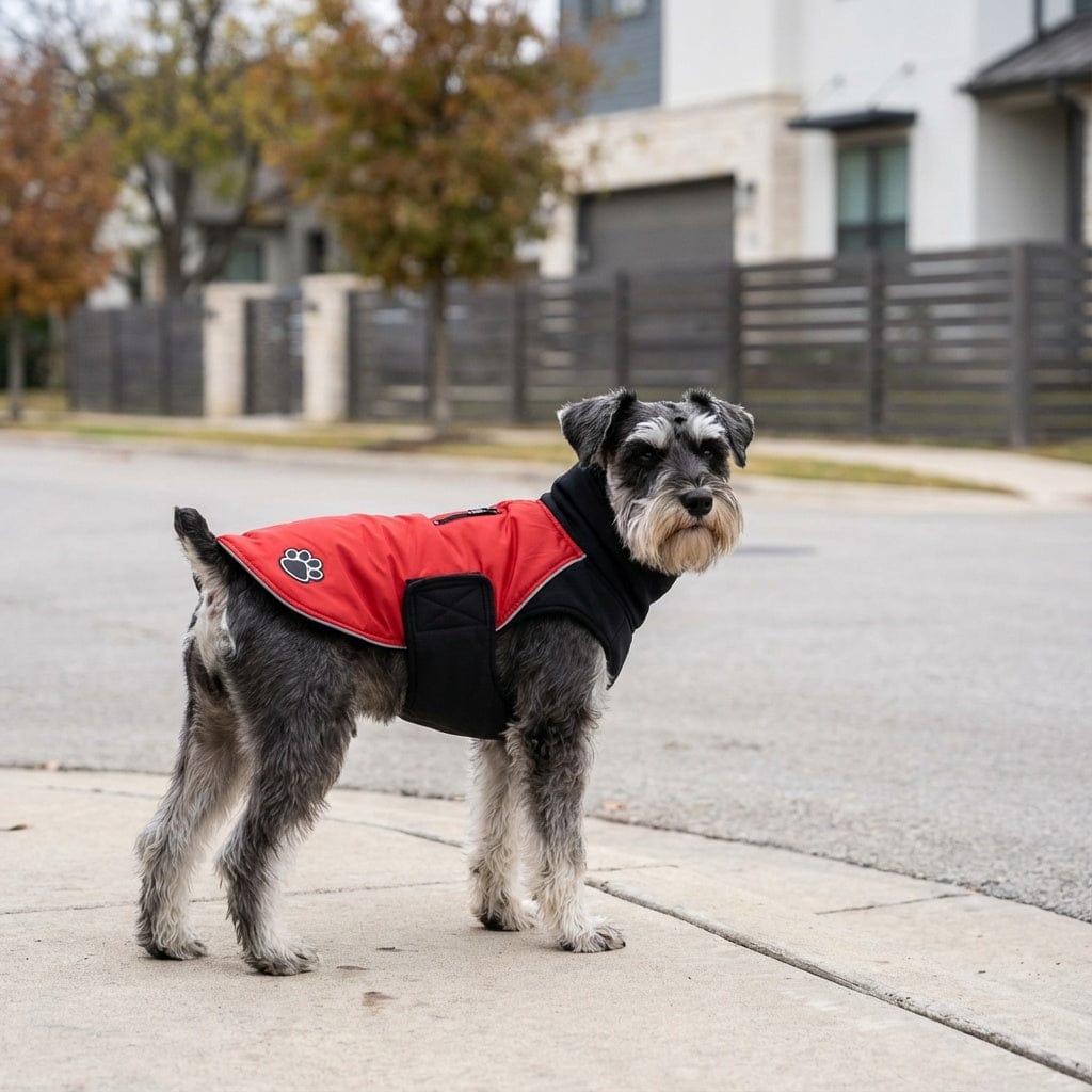 Paw Windproof Back Zipper Dog Coat on a stylish dog, featuring a fleece lining, breathable, lightweight design for dogs and cats.