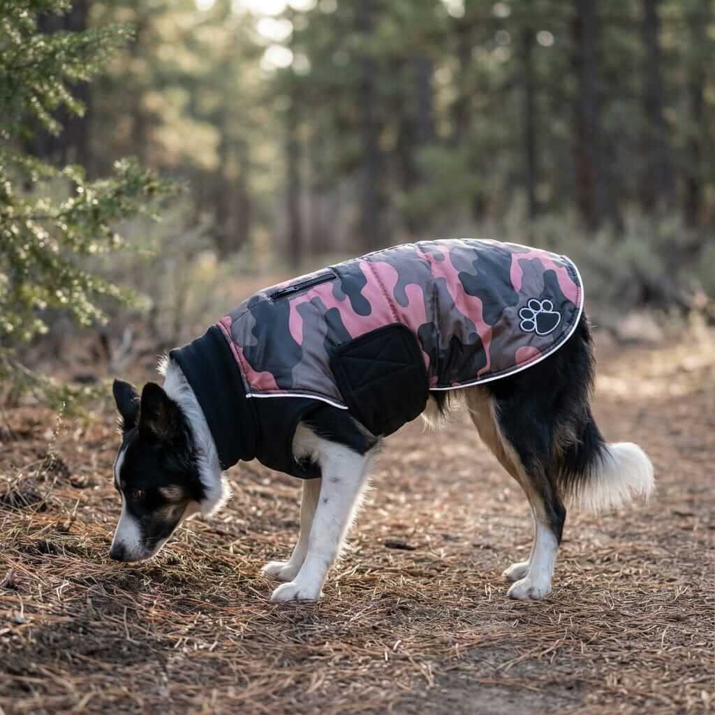 Paw Windproof Back Zipper Dog Coat on a dog in camouflage, featuring fleece lining, windproof design, by Dogs & Cats.