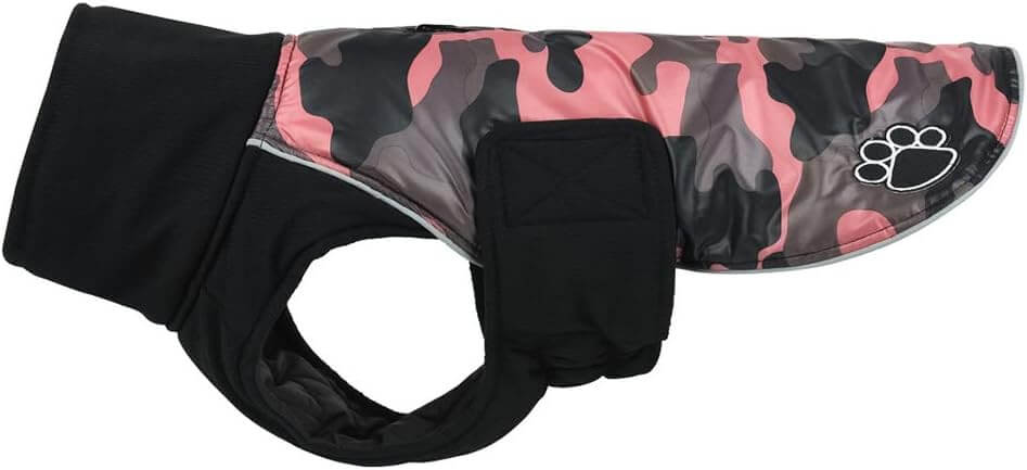 Paw Windproof Back Zipper Dog Coat in pink camouflage, featuring a fleece lining and windproof material for dogs.