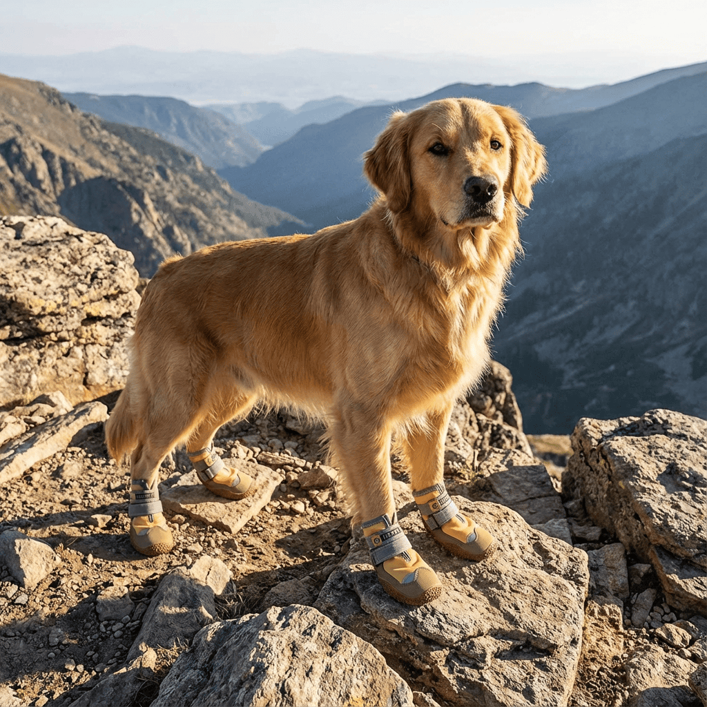 PawGuard Dog Boots on a golden retriever standing on rocky terrain, showcasing protection and comfort for dogs.