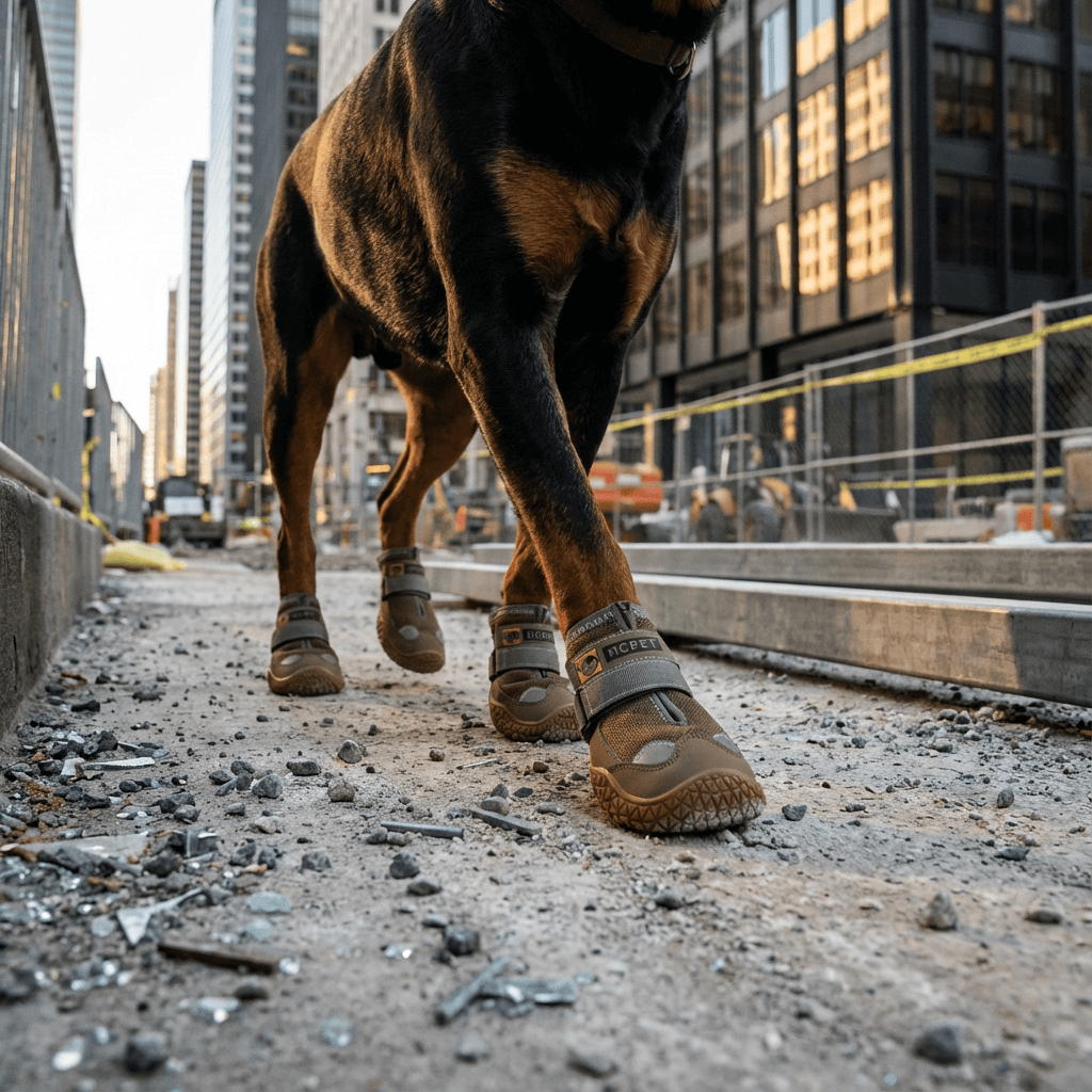 PawGuard Dog Boots on a dog walking in a city construction area, showcasing protection and traction for pets.