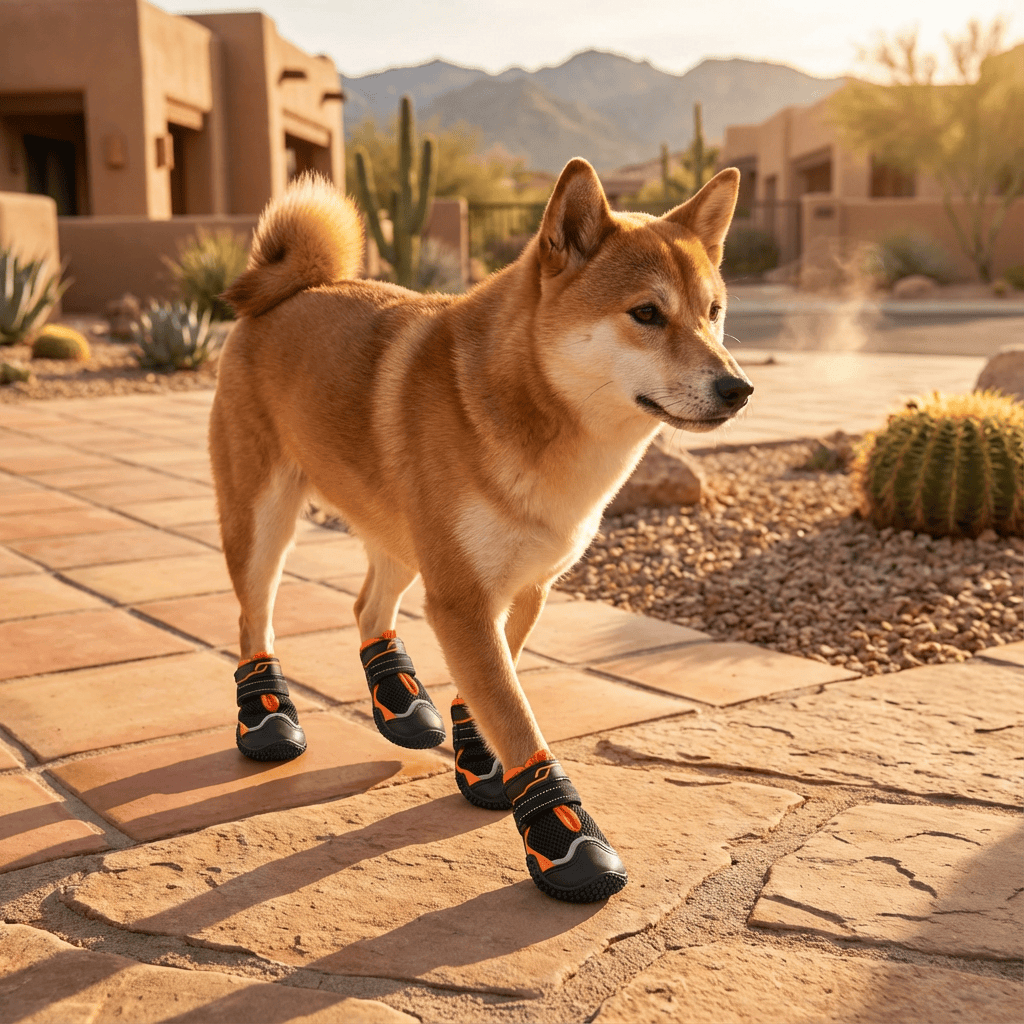 PawGuard Dog Boots worn by a dog walking outdoors, featuring anti-slip soles and waterproof design for comfort.