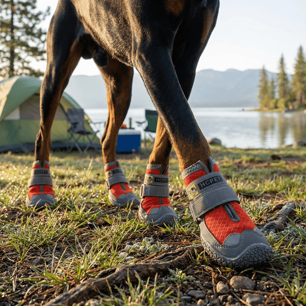 PawGuard Dog Boots on a dog outdoors, featuring waterproof design, anti-slip soles, and reflective strips for added safety.