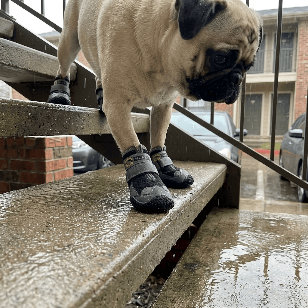 PawGuard Dog Boots on a pug navigating wet stairs, showcasing waterproof design and anti-slip features.