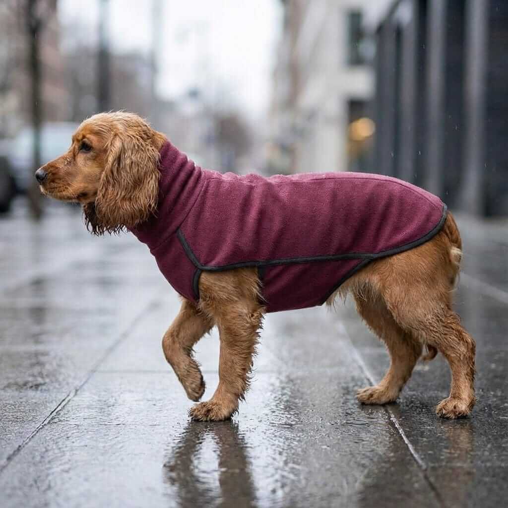 Pawing Packs Winter Dog Coat on a golden retriever in a rainy city, featuring breathable, lightweight, and comfortable fabric.
