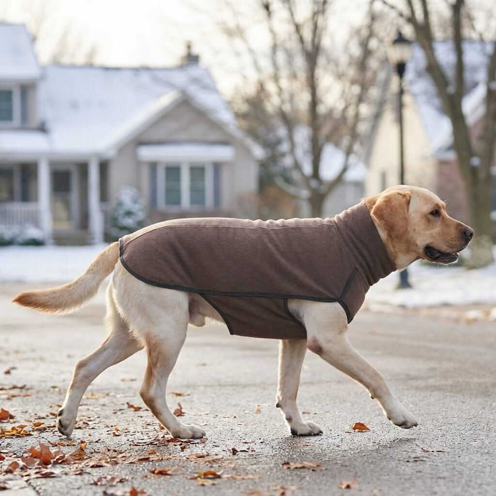 Pawing Packs Winter Dog Coat on a Labrador walking outdoors, featuring breathable soft fabric and a lightweight design for comfort.