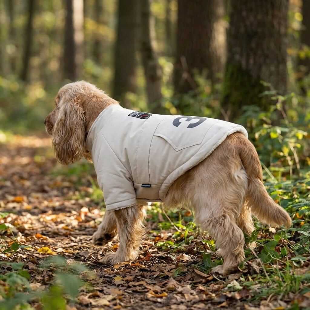 Paws For Effect Winter Dog Coat on a dog walking in the woods, featuring breathable fabric and lightweight design, by Dogs & Cats.