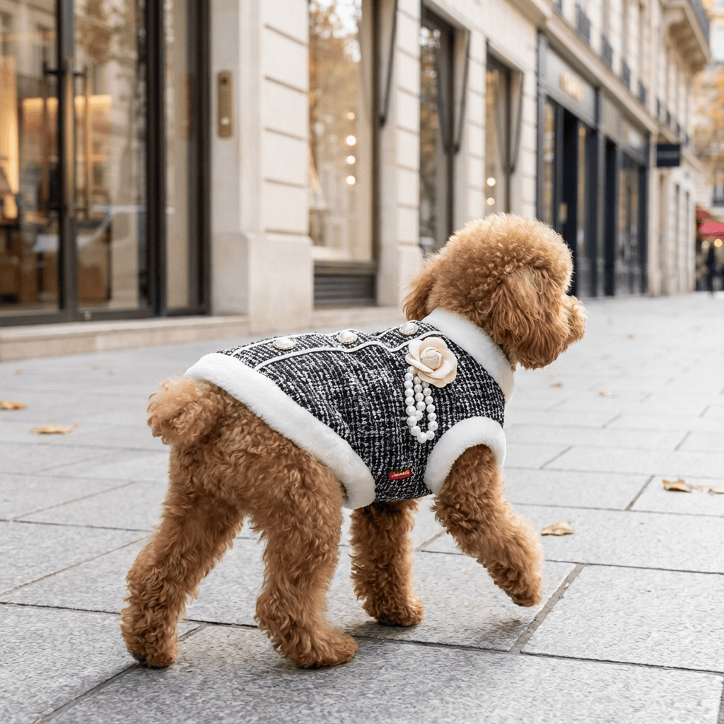 Pearl Fur Dog Jacket on a stylish poodle, featuring faux fur collar and pearl design, perfect for cold winter walks.
