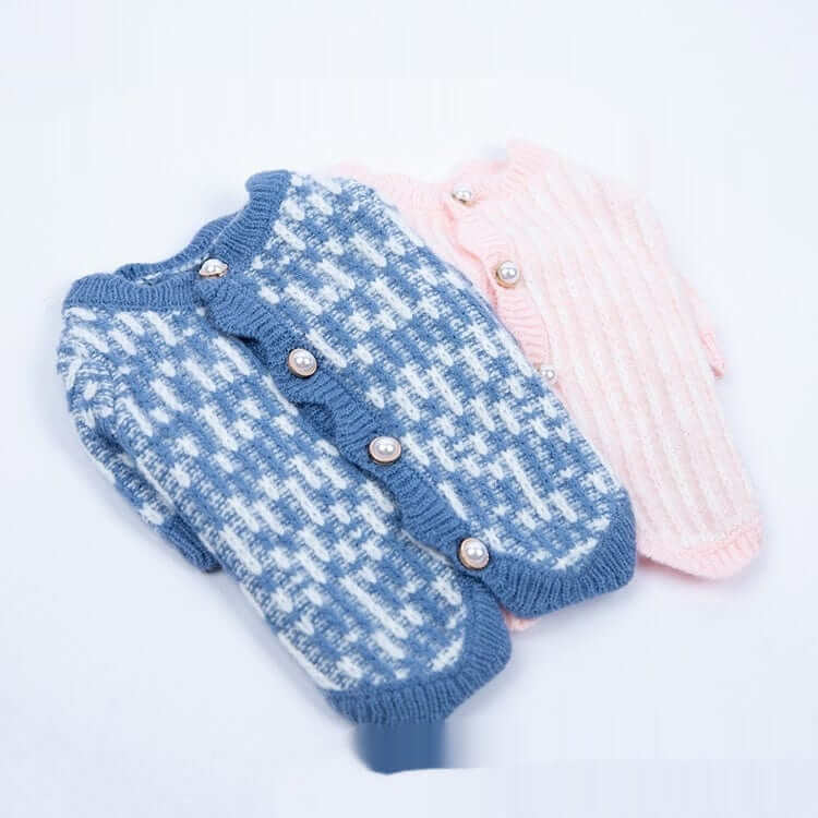 Pearl Knit Dog Sweater - Luxurious pet cardigan in blue and pink with pearl detailing, ideal for dogs and cats.