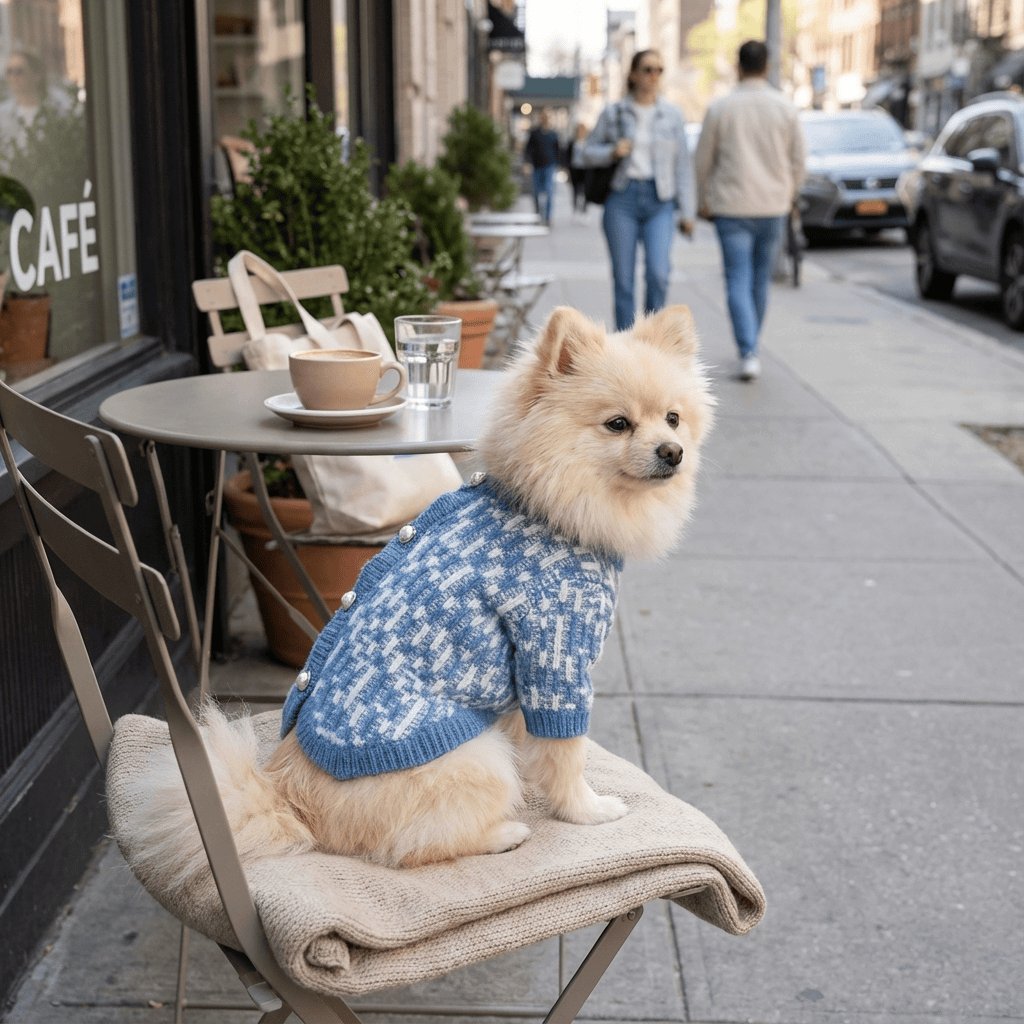 A small dog wearing a Pearl Knit Dog Sweater, showcasing luxury and elegance on a city sidewalk.