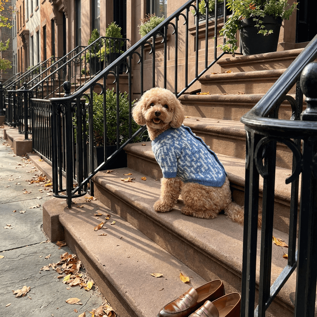 Pearl Knit Dog Sweater on a dog sitting on steps, showcasing elegance and comfort for dogs and cats.