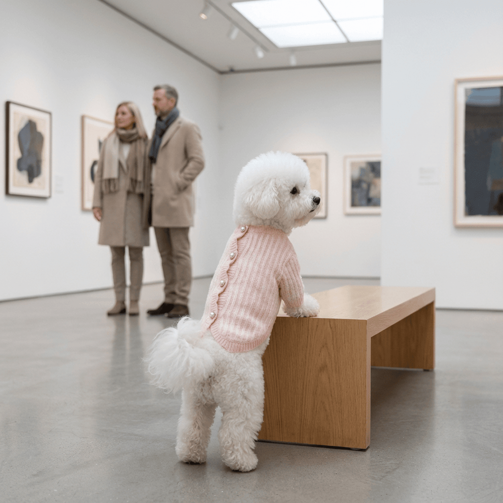 Pearl Knit Dog Sweater on a small dog in an art gallery, showcasing style and warmth for dogs and cats.