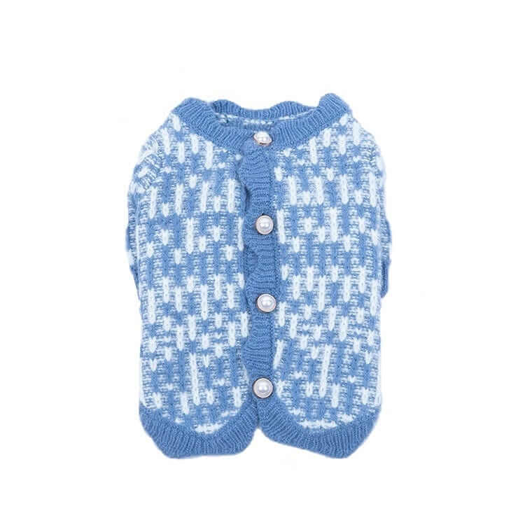 Pearl Knit Dog Sweater, knitted cardigan for dogs and cats with pearl detailing, perfect for cooler months.