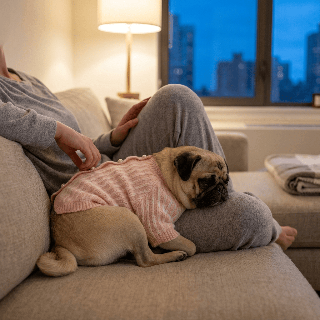 Pearl Knit Dog Sweater on a pug dog snuggling with a person on the couch during evening at home.