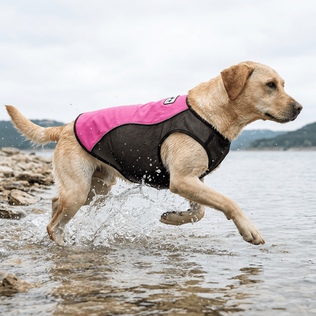 Dog wearing a Pet Cooling Vest while playing in the water, designed to keep dogs cool and avoid heat-related illnesses.