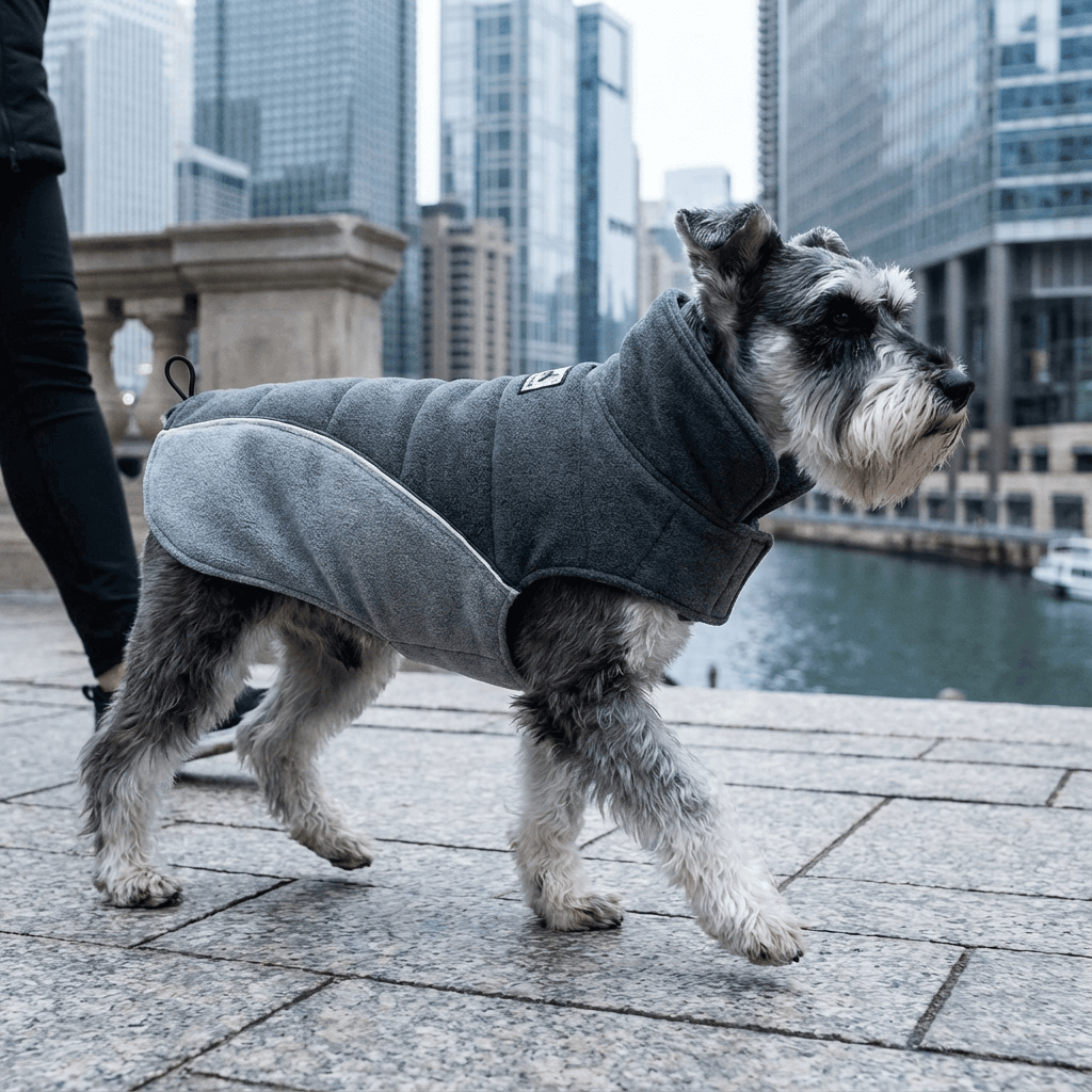 Dog wearing a Pet Fleece Warm Coat, featuring a soft fleece lining and water-resistant exterior, ideal for Dogs & Cats.