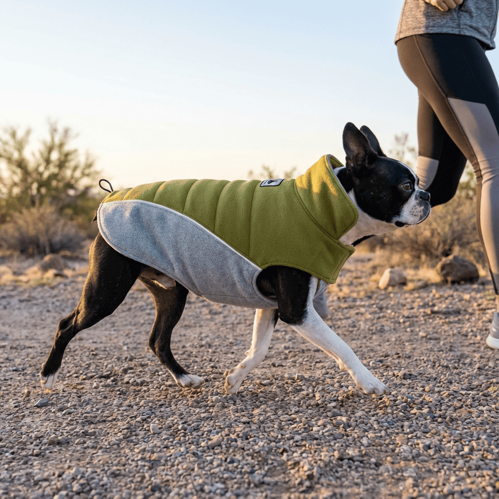 Dog wearing a Pet Fleece Warm Coat during a walk, showcasing its warm fleece lining and water-resistant exterior.