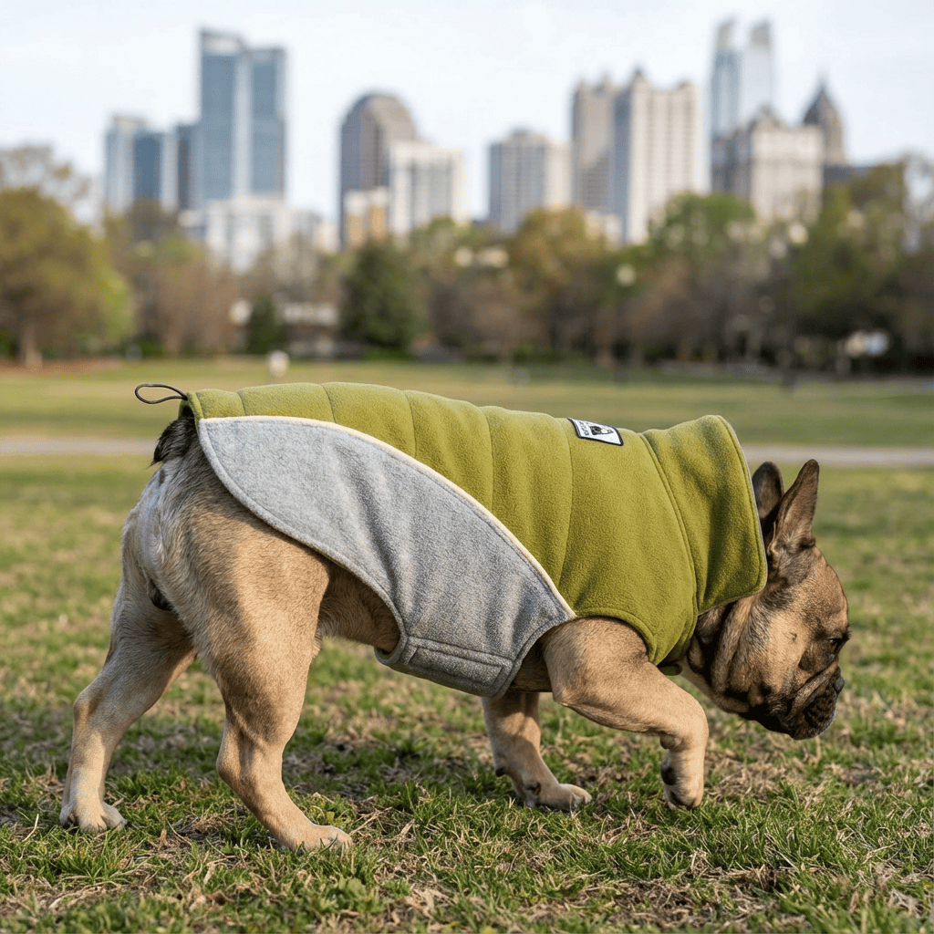 Pet Fleece Warm Coat on a dog exploring outdoors in the city, featuring a water-resistant exterior and soft fleece lining.
