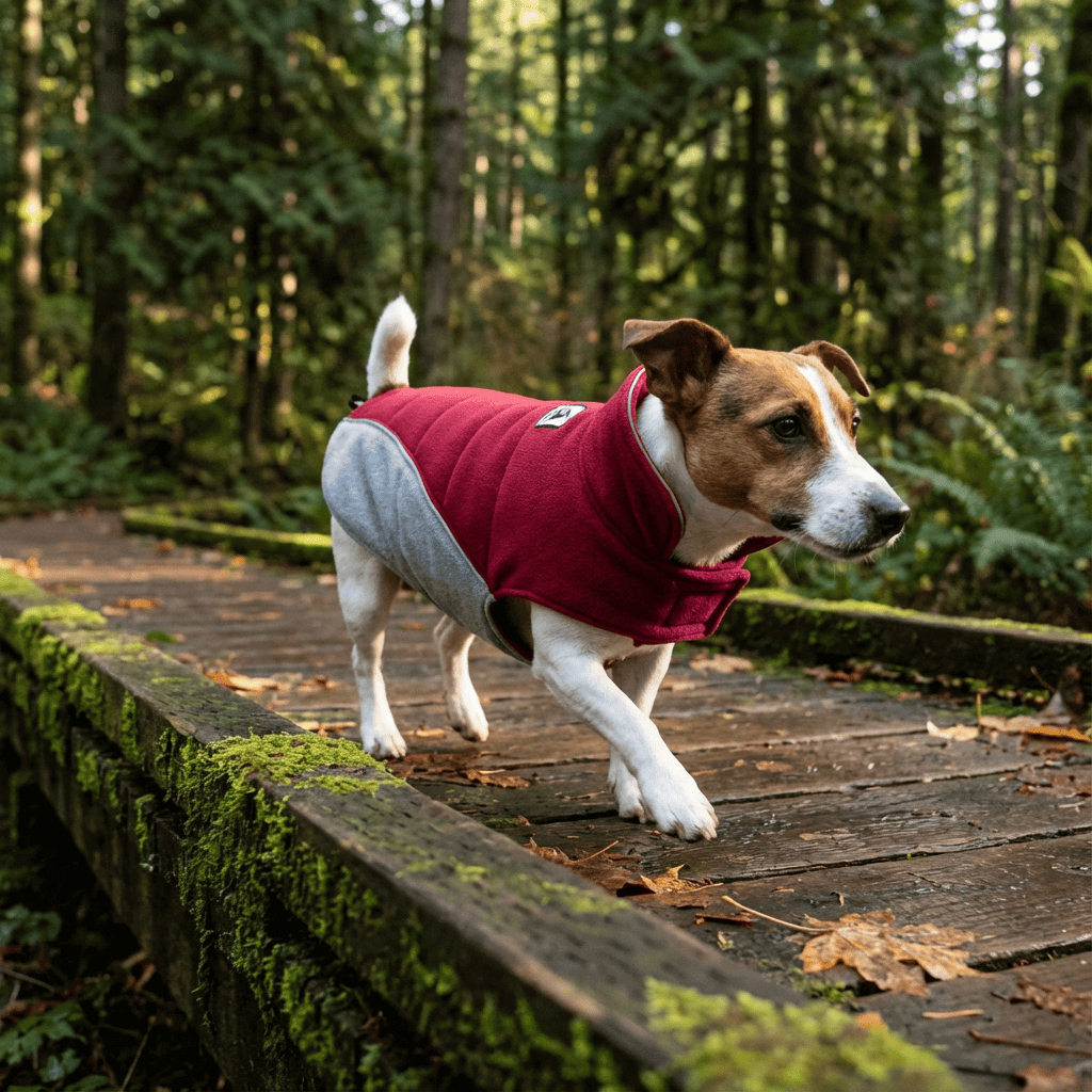 Dog wearing a Pet Fleece Warm Coat, featuring soft fleece lining and water-resistant exterior, perfect for chilly weather.