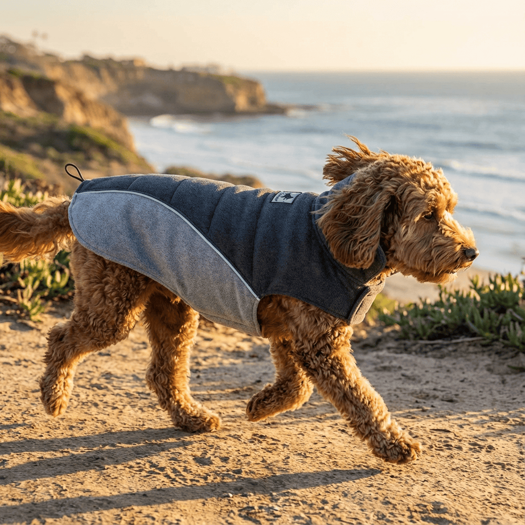 Dog running by the ocean in a Pet Fleece Warm Coat, soft fleece lining, water-resistant, ideal for dogs and cats.