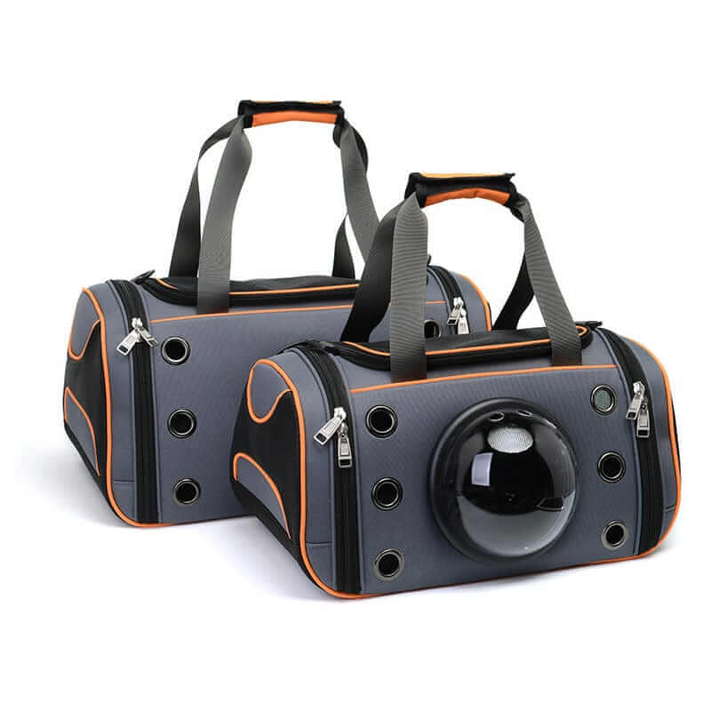Pet Space Capsule Backpack, futuristic carrier for dogs & cats, features semi-sphere window and stylish design.