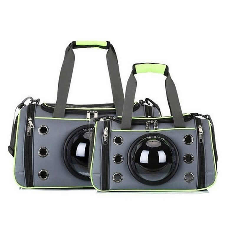Pet Space Capsule Backpack in gray with semi-sphere window for pets, ideal for dogs & cats, stylish and functional.
