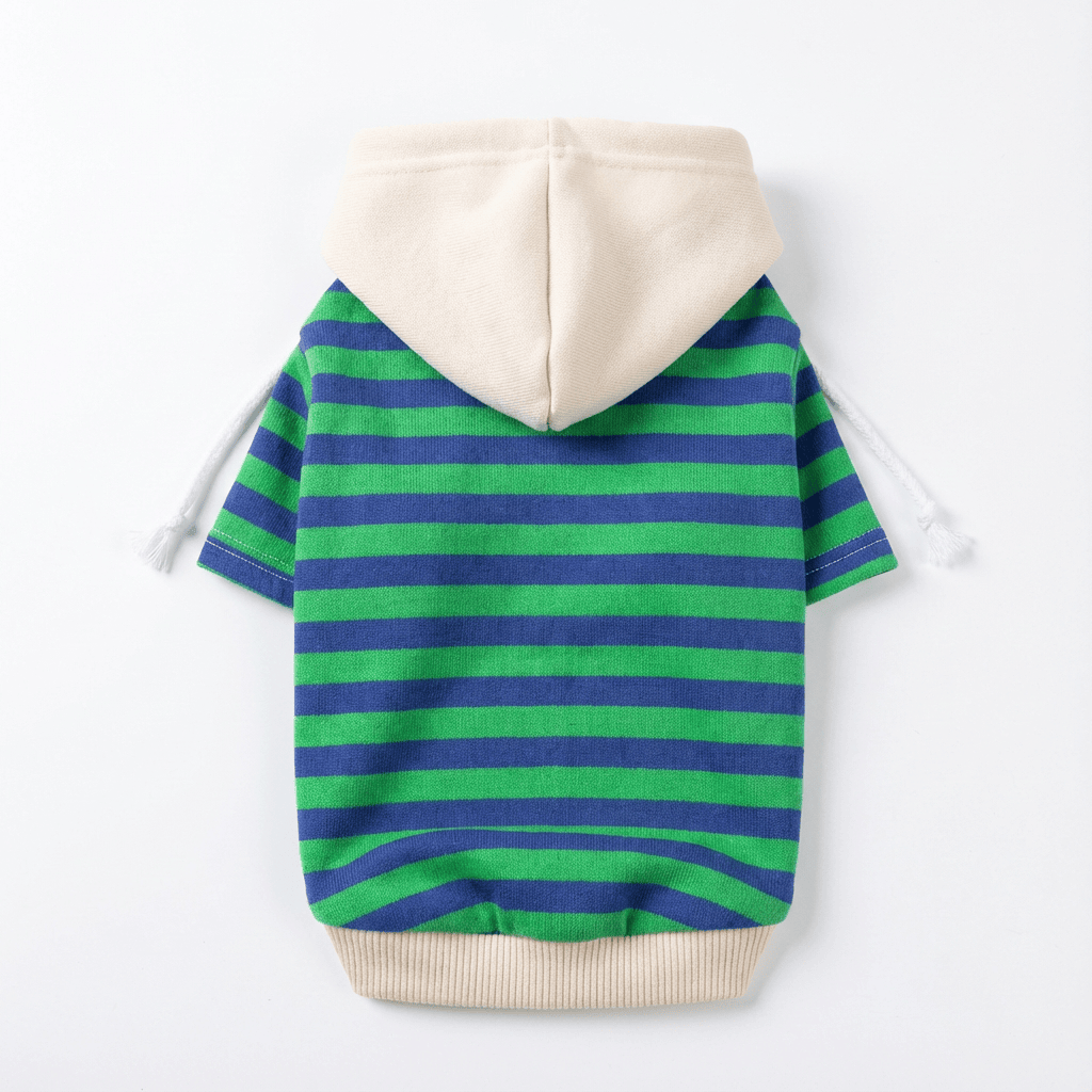 Pet Striped Sweater for Dogs & Cats, featuring a stylish hood, stretchy fabric, and a comfortable fit in vibrant blue and green stripes.
