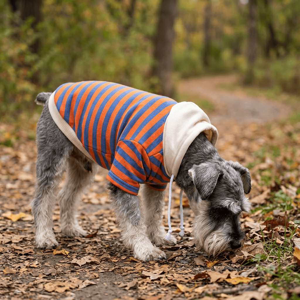 Pet Striped Sweater for Dogs & Cats, stretchy, soft fabric, hooded design, perfect for outdoor adventures.