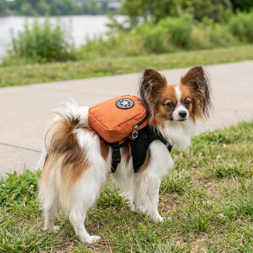 Pet Style Mini Backpack on a small dog, featuring a large compartment for gear, designed for Dogs & Cats.