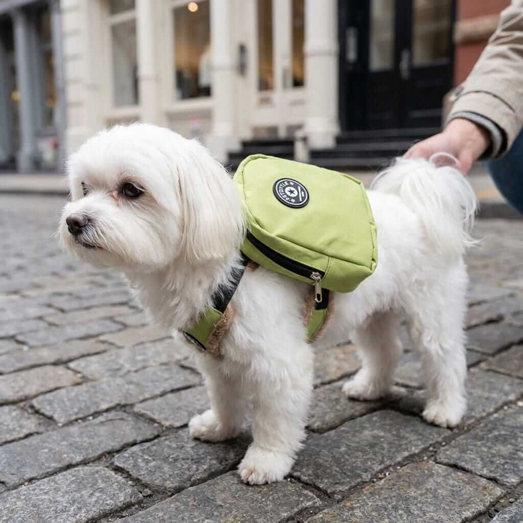 Pet Style Mini Backpack on a small white dog, showcasing its portable design and practical features for adventures.