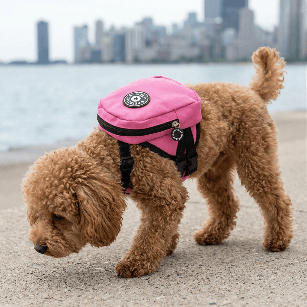 Pet Style Mini Backpack on a dog, perfect for adventures with essential storage for pets by Dogs & Cats.