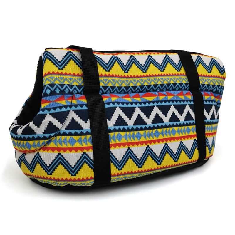 Pet Travel Shoulder Bag in colorful geometric pattern for dogs and cats, breathable and comfortable design.