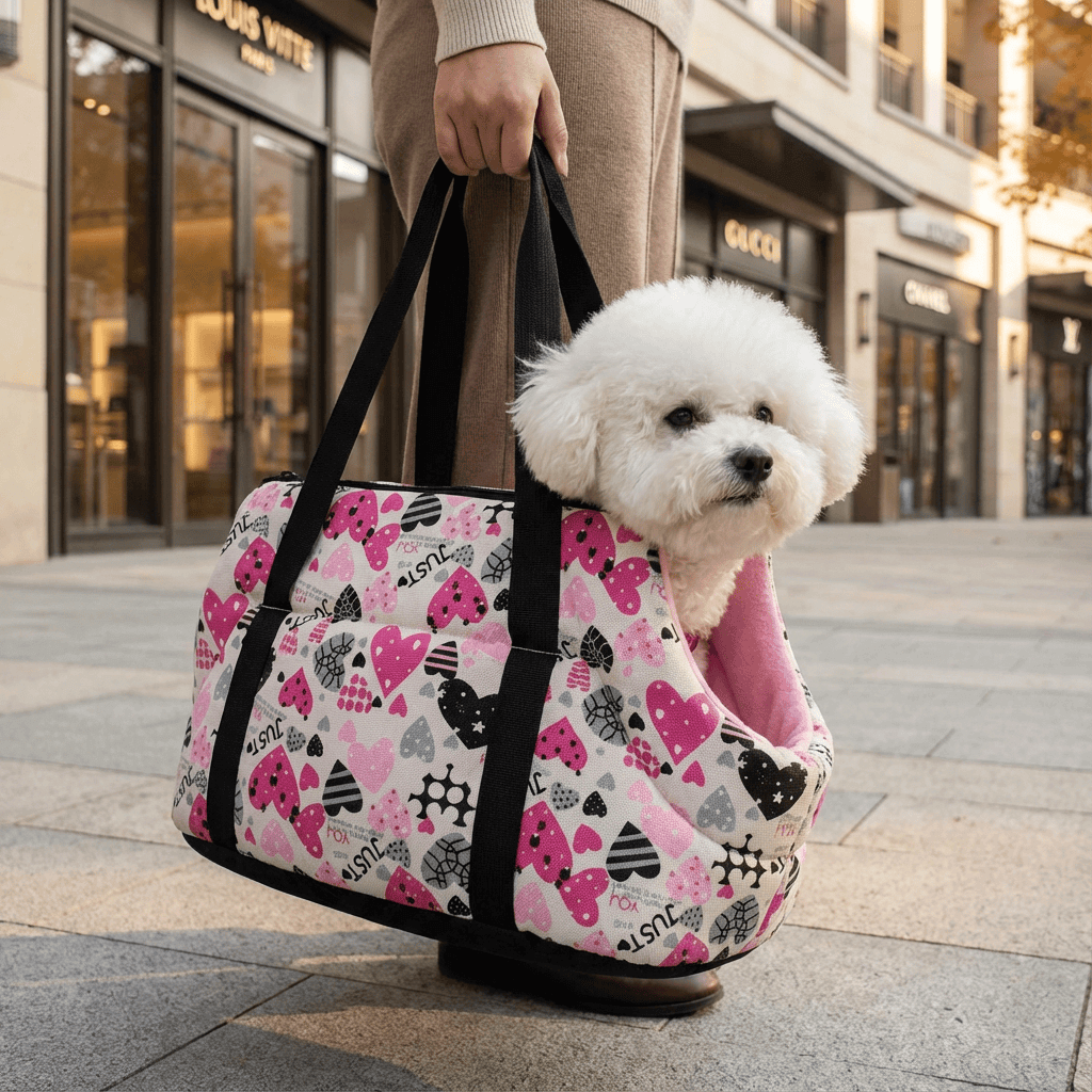 Pet Travel Shoulder Bag for Dogs & Cats, featuring breathable mesh and a stylish heart design.