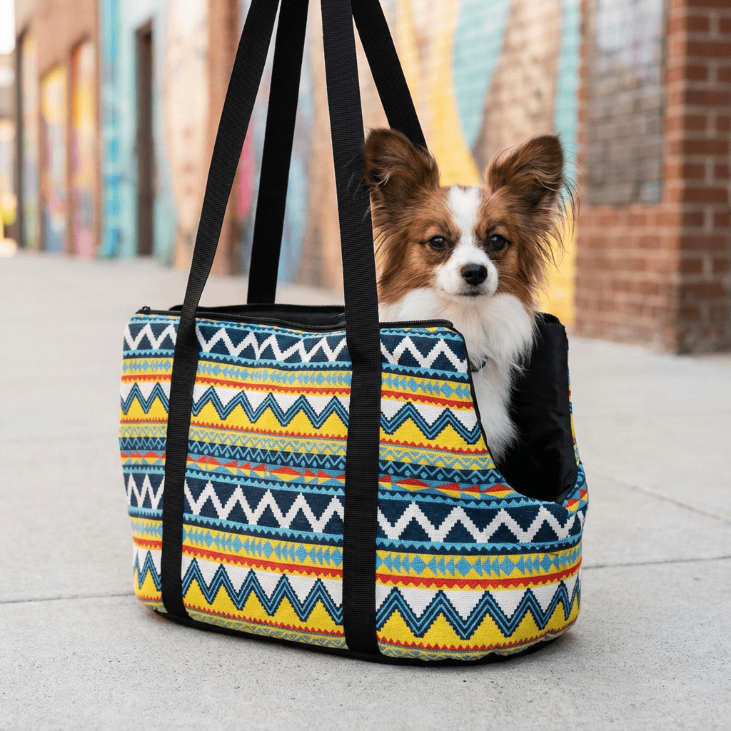 Pet Travel Shoulder Bag with breathable mesh for dogs and cats, featuring colorful patterned design and easy-carry straps.
