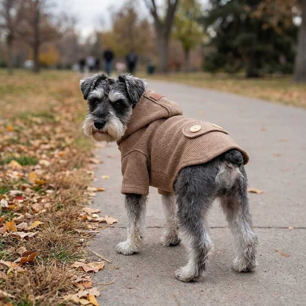 Pet Woolen Coat on a dog in a park, showcasing stylish pullover design and buttoned closure for cold weather.