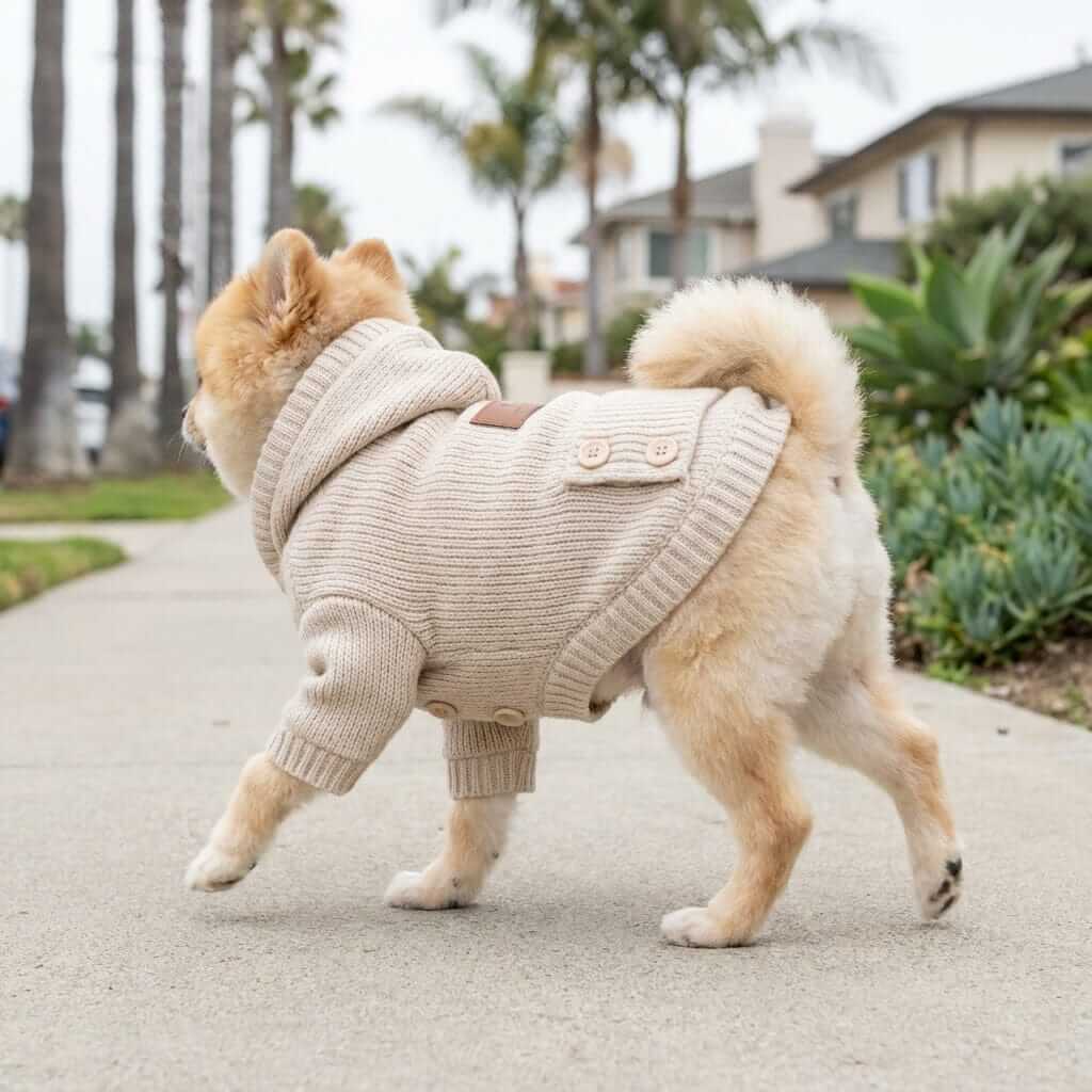 Stylish Pet Woolen Coat on a dog, featuring a pullover design and buttoned closure for cold weather comfort.
