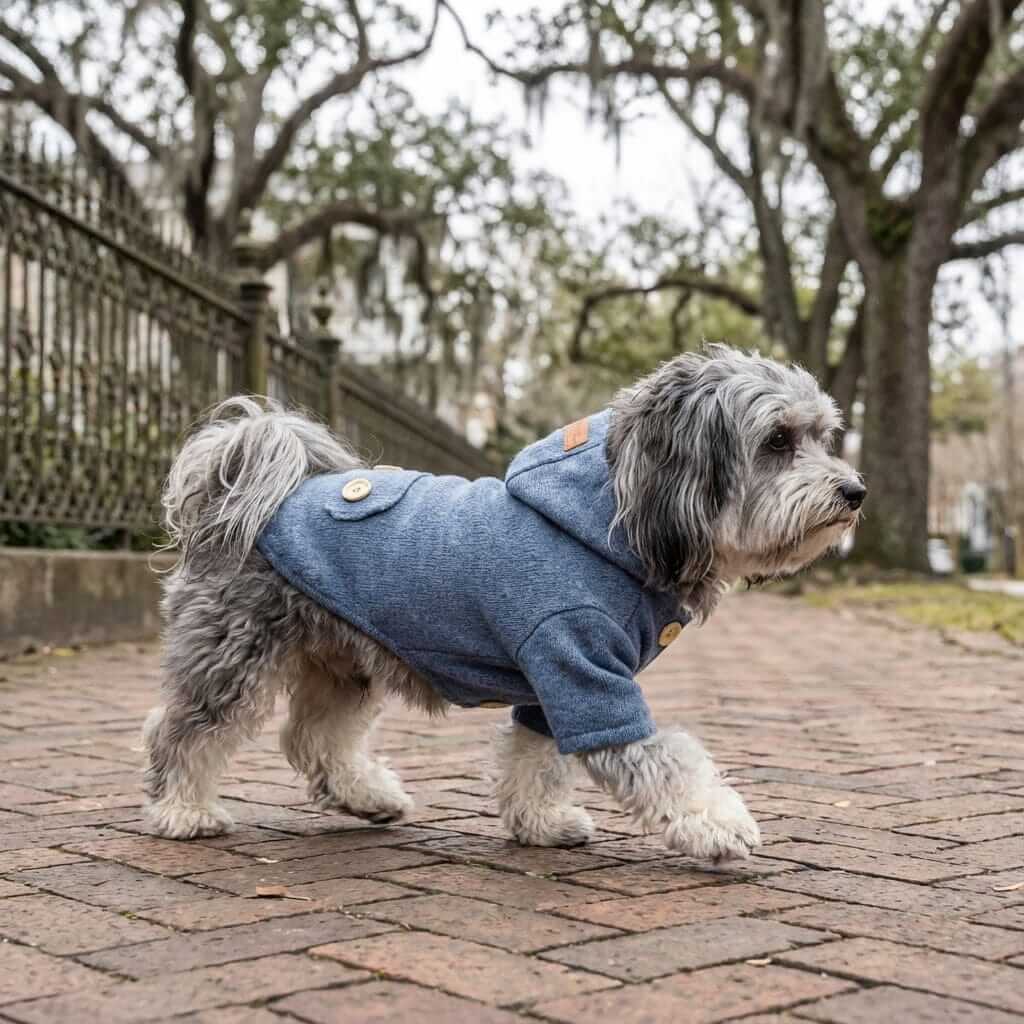 Pet Woolen Coat on a dog outdoors, featuring pullover design and buttoned closure, from Dogs & Cats brand.