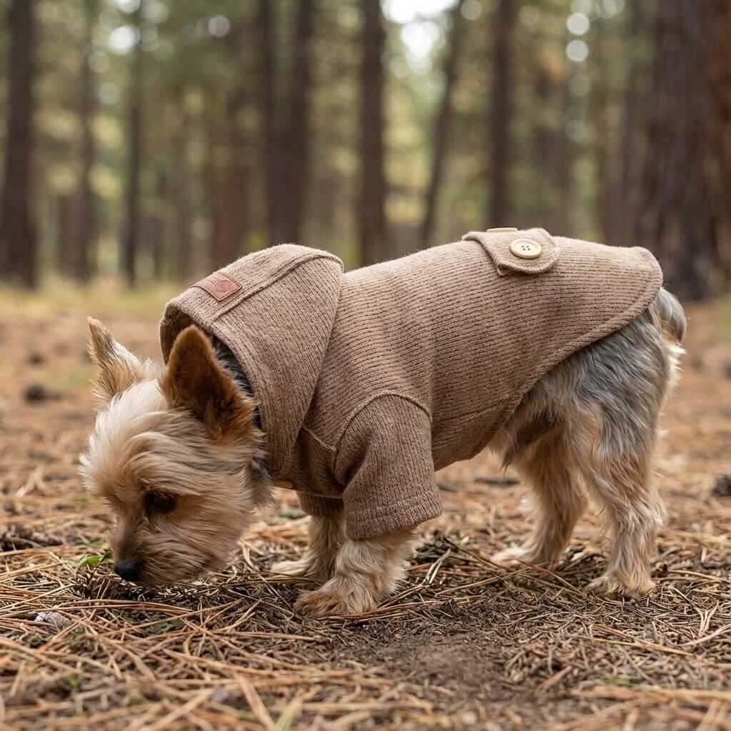 Pet Woolen Coat on a small dog in the forest, pullover design, buttoned closure, perfect for Dogs & Cats.
