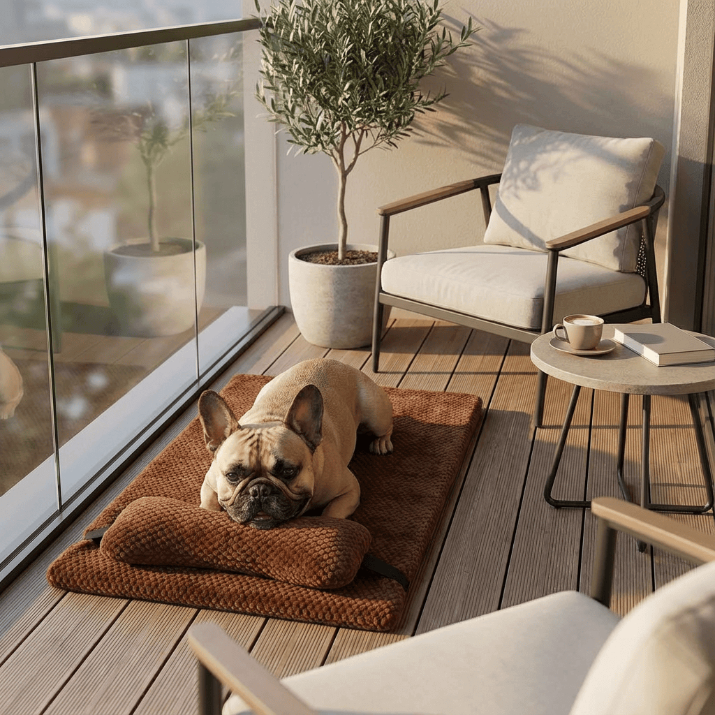 Pineapple Dreams Pet Bed featuring a cozy French Bulldog lounging on a stylish bed in a modern outdoor setting.