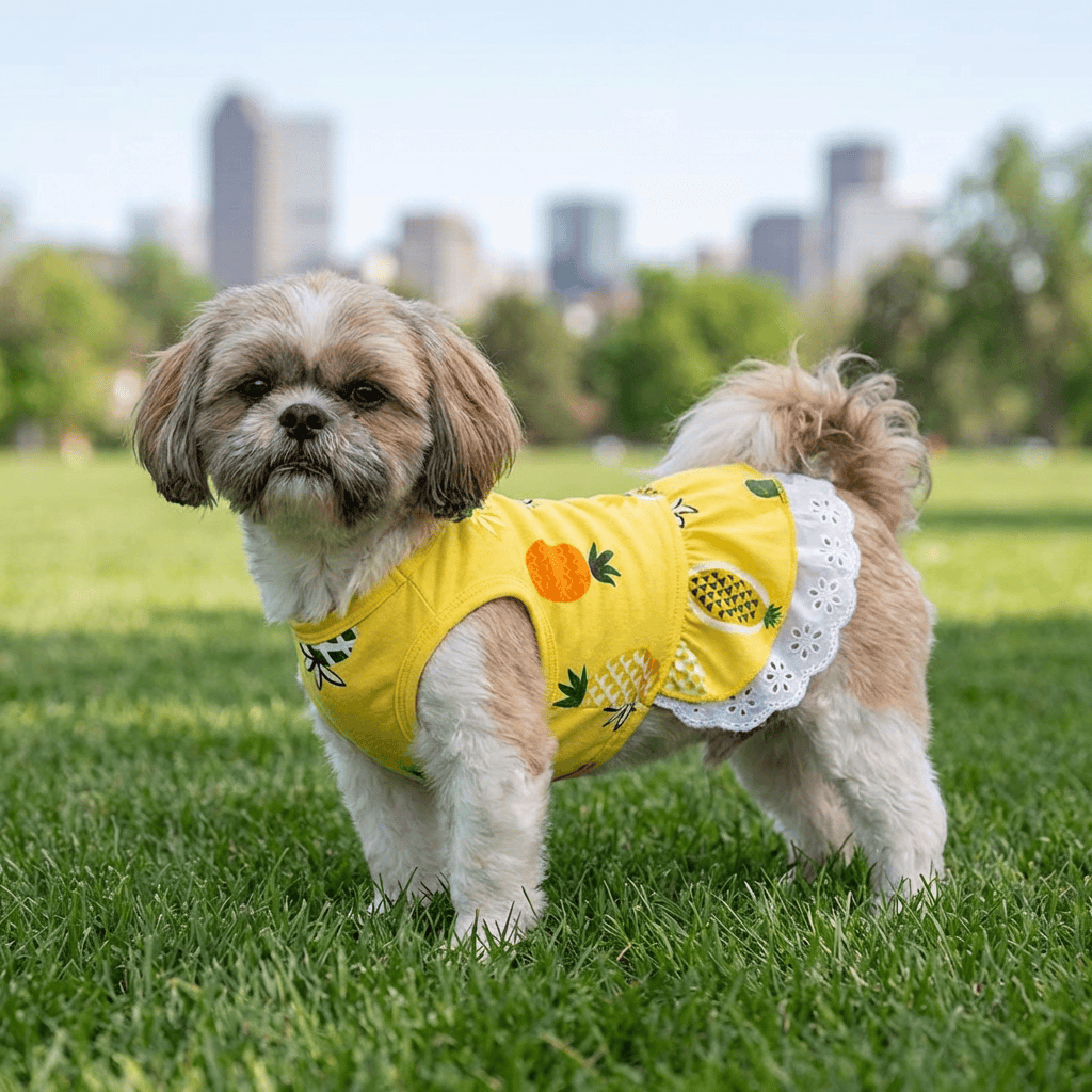 Pineapple Printed Dog Dress on a small dog in a park, featuring ruffle bottom and pineapple pattern by Dogs & Cats.