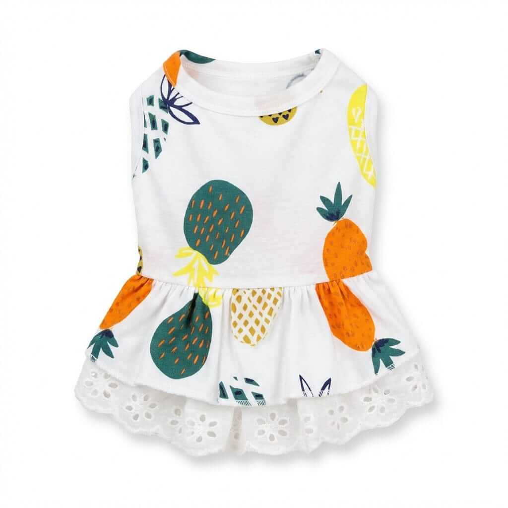 Pineapple Printed Dog Dress, ruffle bottom, pineapple pattern, perfect for dogs & cats, stylish summer outfit.