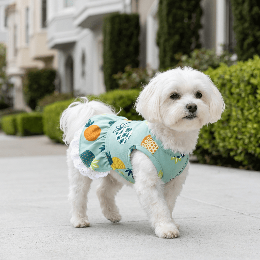 Cute dog wearing a Pineapple Printed Dog Dress with ruffle bottom, perfect for spring and summer by Dogs & Cats.