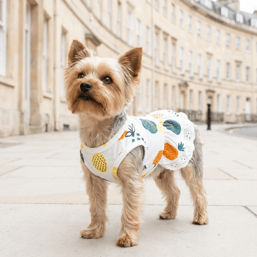 Pineapple Printed Dog Dress worn by a Yorkie, featuring ruffles and a fun pineapple pattern, perfect for dogs.
