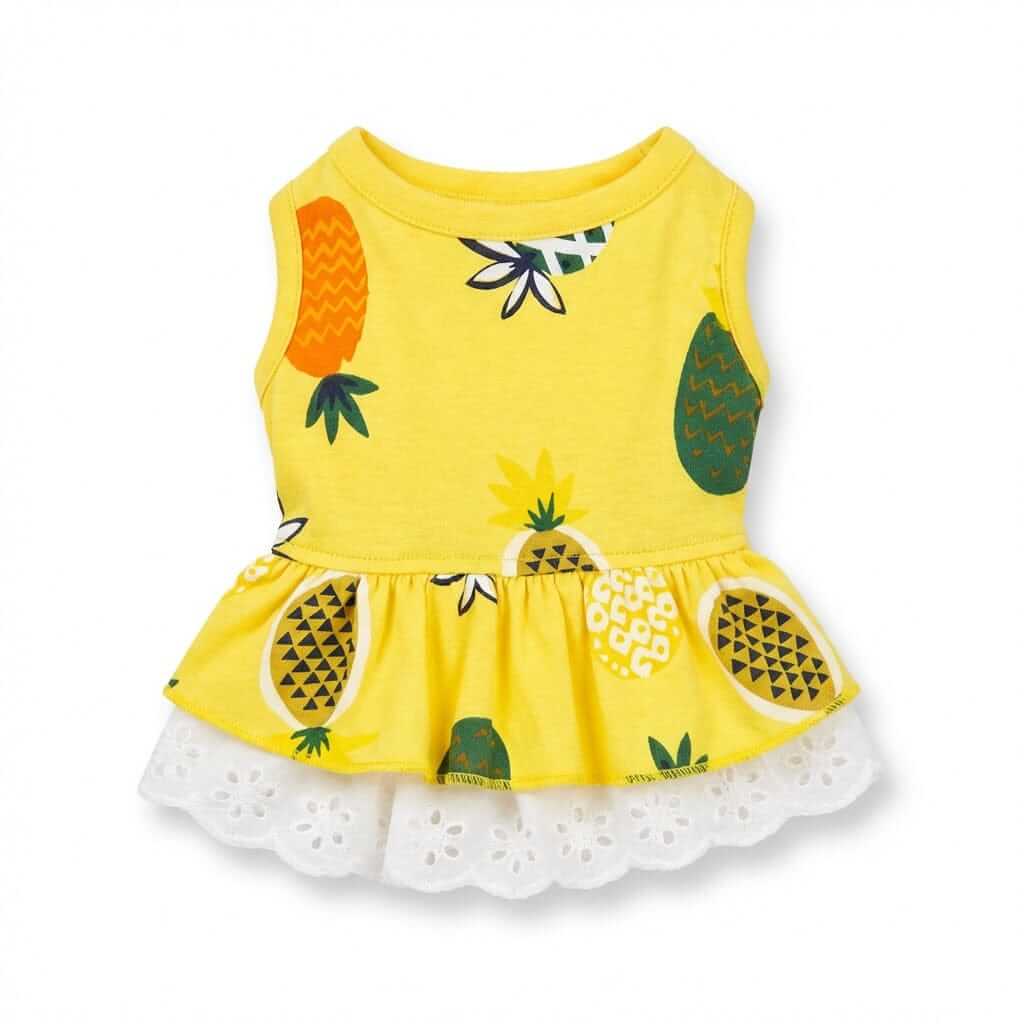 Pineapple Printed Dog Dress by Dogs & Cats, featuring ruffle bottom and pineapple pattern, perfect for spring and summer.