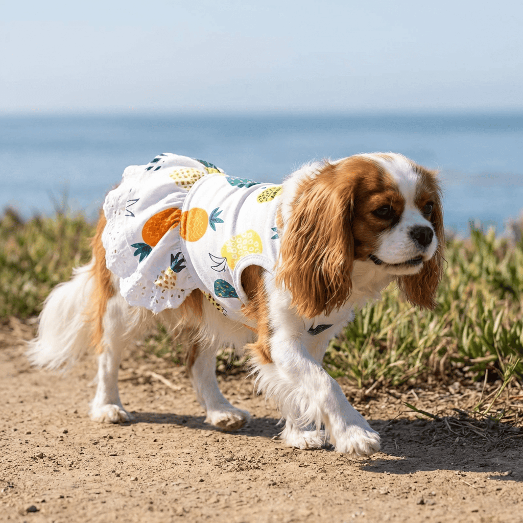 Pineapple Printed Dog Dress on a Cavalier King Charles Spaniel walking by the shore, featuring ruffles and a pineapple pattern.