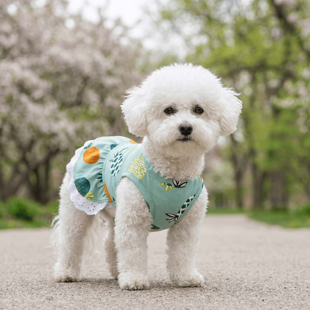 Pineapple Printed Dog Dress on a fluffy dog standing outdoors in a park, featuring a ruffle bottom and vibrant patterns.