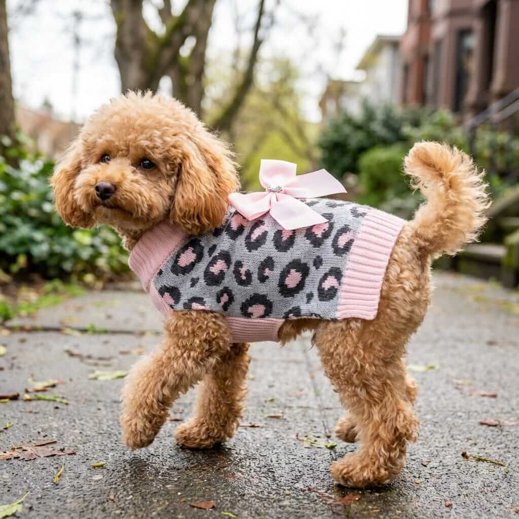 Pink Leopard Bow Sweater for dogs, cozy pullover with turtleneck and bow features, perfect for stylish cats and dogs.